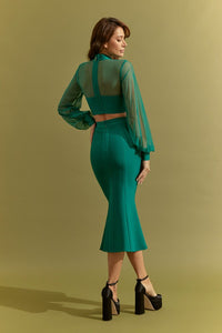 Emerald Green Bandage Crop Top Mesh And Fit Midi Skirt Set