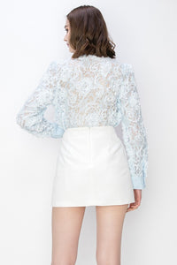 Mint Blue Long Sleeves Floral Lace Shirt Top