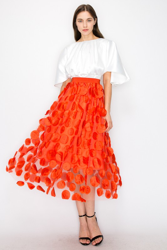 Orange High Waist A Line 3d Polka Dot Midi Skirt