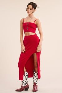 Red Solid Ribbed-Knit Tank And Midi Slit Skirt