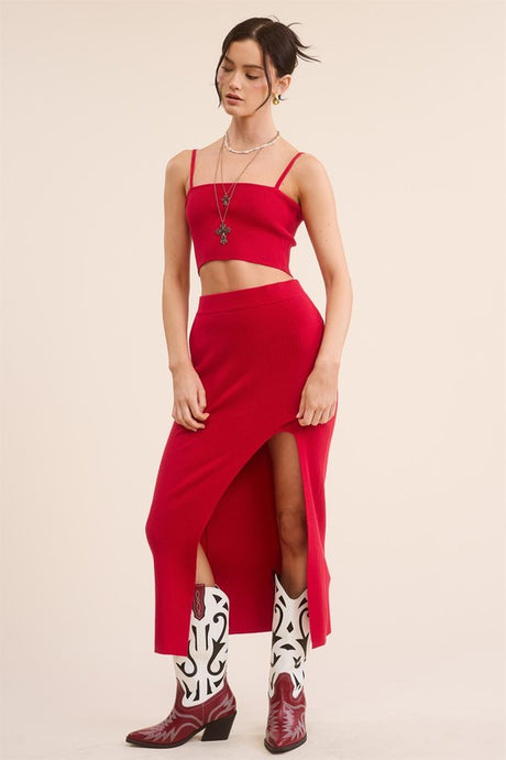 Red Solid Ribbed-Knit Tank And Midi Slit Skirt