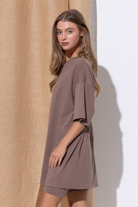 Brown Knit Oversize Tee Shirt An Shorts Casual Biker Set