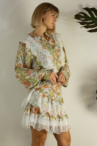 Orange Multi Lace Patch Shirts And Skirt Set