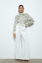 Sage Sheer Embroidered Butterfly Bow Tie Blouse