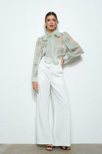 Sage Sheer Embroidered Butterfly Bow Tie Blouse