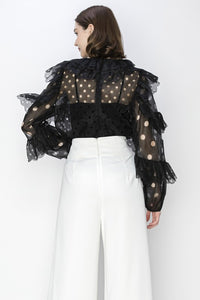 Black Ruffleed Laser-cut Long Sleeves Blouse Top