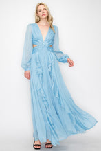 Blue Long Puff Sleeves Shimmer Fabric Side Cut-Out Maxi
