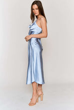 Sky Blue Satin Tie Bust Spaghetti Strap Midi Dress