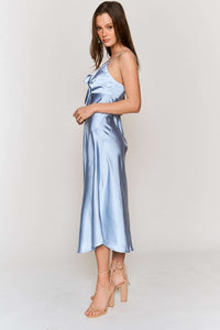 Sky Blue Satin Tie Bust Spaghetti Strap Midi Dress