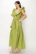 Green Cotton Ruffle Shoulder Tiered Sleeve Maxi Dress