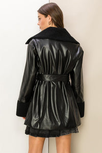 Black Cool Intentions Faux Fur Pu Tie Waist Coat
