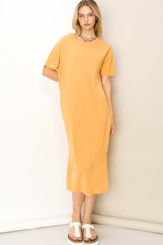 Caramel Take A Stroll Side Slit T-Shirt Midi Dress – Aquarius Brand