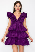 Purple Ruffled Tiered Taffeta Mini Dress