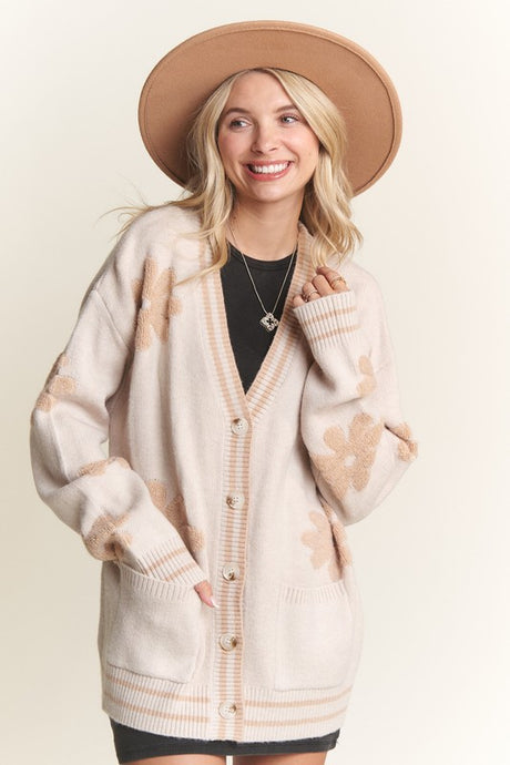 Oatmeal Button Down Floral Cardigan