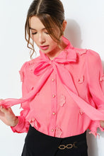 Fuchsia Sheer Embroidered Butterfly Bow Tie Blouse