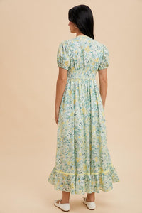 Lemongrass Multi Bow Detail Floral Contrast Puff Dress