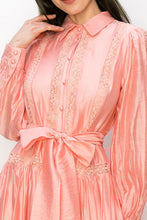 Peach Long Sleeve Shirt Maxi Dress With Lace Trim Tie
