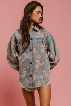 Floral Print Washed Denim Shacket With Side Pocket