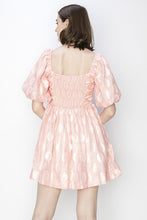 Mauve Square Neck Short Puff Sleeve Dots Jacquard Mini Dress