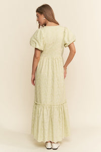 Pastel Lime Finely Floral Embroidered Tiered Maxi Dress