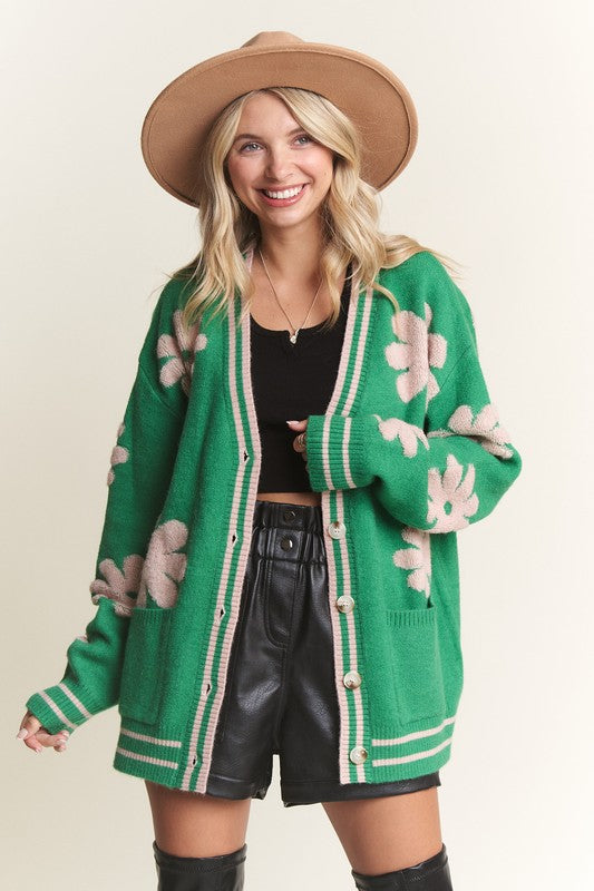 Green Button Down Floral Cardigan