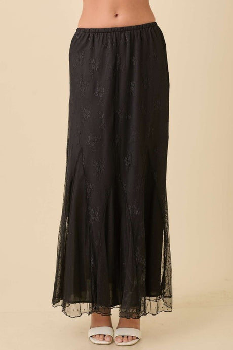 Black Mesh Midi Skirt With Contrasting Godet Ruffle