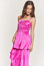 Fuchsia Satin Ruched Multi Layer Maxi Dress