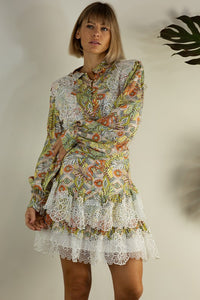 Orange Multi Lace Patch Shirts And Skirt Set