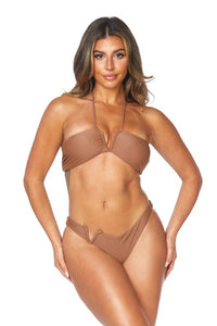 Coffee Two Piece V Shape Design Halter Neckline Bikini