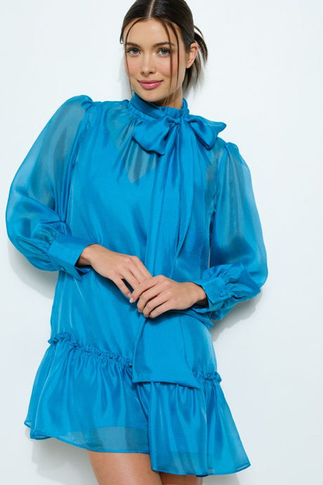 Teal Pastel Chiffon Sheer Bow-tie Mini Dress
