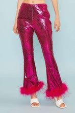 Fuchsia Side Zipper Hem Feather Trim Sequin Wide Leg Pants