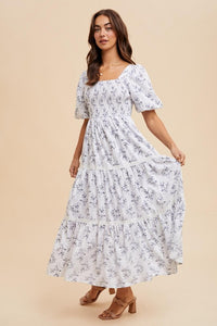 Off White Cotton Floral Smocked Maxi