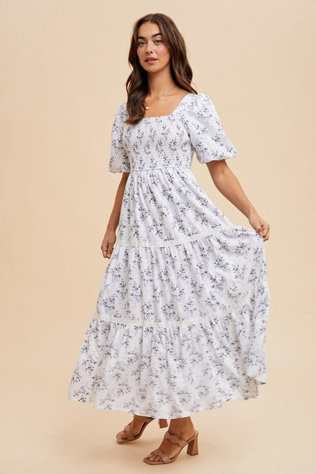 Off White Cotton Floral Smocked Maxi