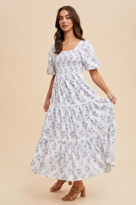 Off White Cotton Floral Smocked Maxi