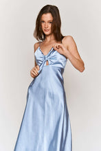 Sky Blue Satin Tie Bust Spaghetti Strap Midi Dress