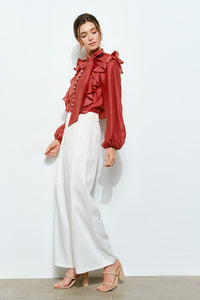 Spice Soft Wool Blouse With Bow Tie & Pearl Buttons