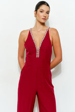 Burgundy Crystal Trim Deep V Cross Back Jumpsuit