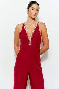 Burgundy Crystal Trim Deep V Cross Back Jumpsuit