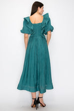 Teal Green Short Puff Sleeve Pleated Ruffle Trim Midi Dress