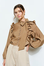 Mocha Soft Wool Blouse With Bow Tie & Pearl Buttons