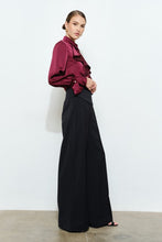 Wine Chic Satin Ruffled Jeweled Bell Sleeves Blouse Top