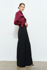 Wine Chic Satin Ruffled Jeweled Bell Sleeves Blouse Top