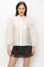 Off White Shimmer Long Sleeve Neck Ribbon Button Down Top