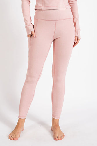 Pink Rib Brushed High Rise Leggings With Pockets