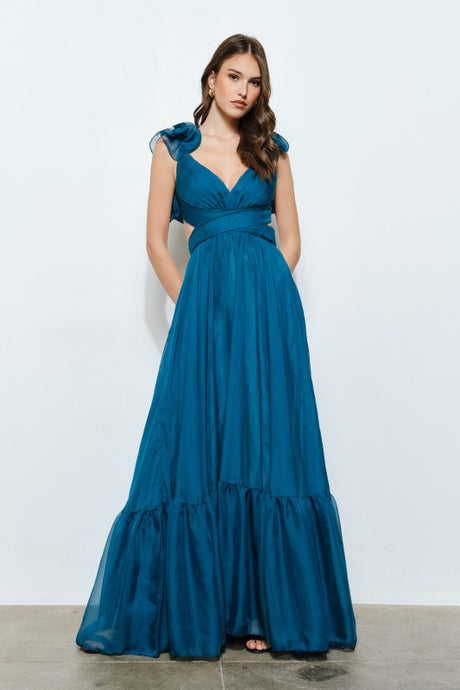 Emerald Organza Shoulder Strap Cutout Lace-up Maxi Dress