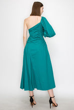 Teal Cotton Ruched Detail One Shoulder Dress