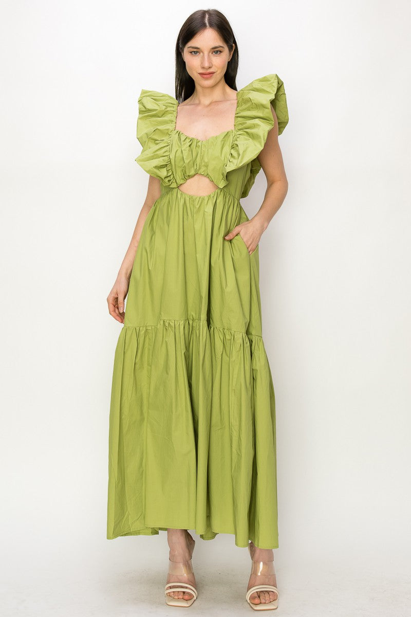 Green Cotton Ruffle Shoulder Tiered Sleeve Maxi Dress
