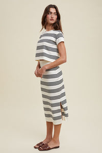 Cream/Black Striped Sweater Top And Skirt Set
