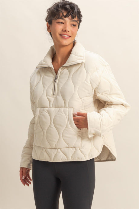Cream Quilted Half Zip High Neck Pullover