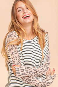 Ivory/Black/Blush Plus Stripe Leopard Print Thumb Hole Knit Top